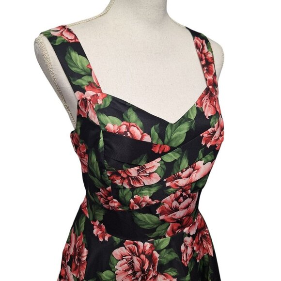 Papillon Rose Dress Womens Large Midi Tie Belt Waist Zip Back Pink Green Floral - Picture 9 of 15
